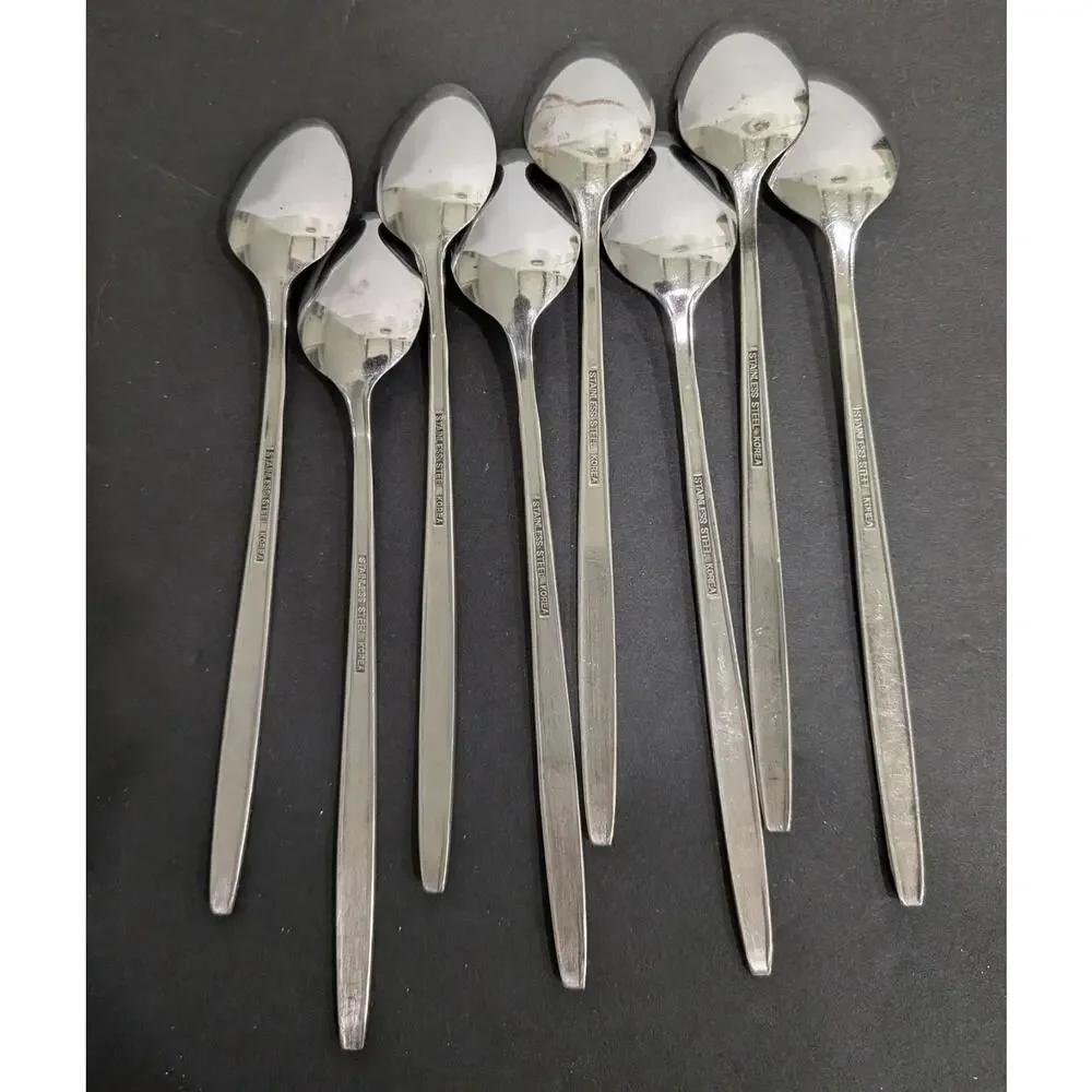 Vintage Atomic Floral Iced Tea Spoons Set Of 8 MCM Stainless Steel Korea Retro